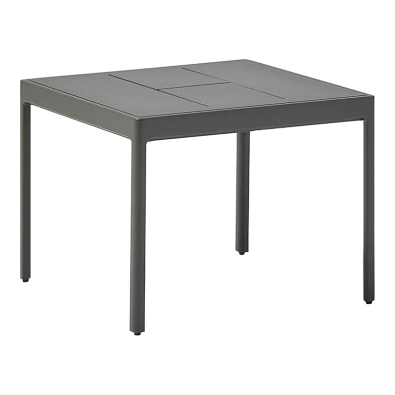 Gray square table with a sleek, minimalist design and subtle textured pattern on the surface and legs.