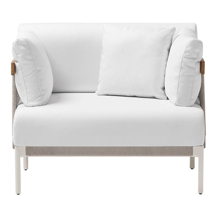 White modern loveseat with plush white cushions and a light gray woven fabric. Sophisticated and contemporary design.