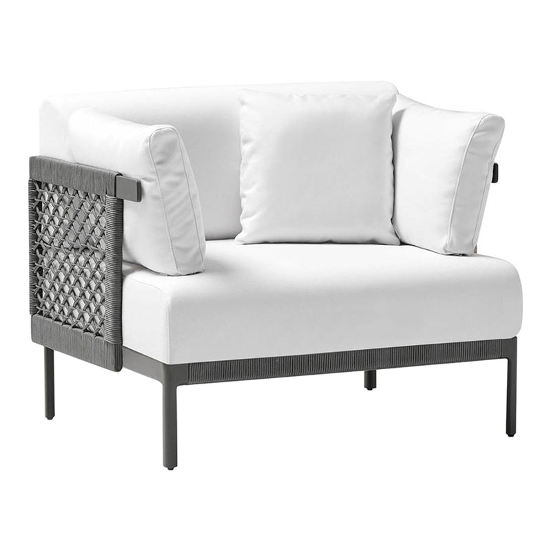 White cushioned armchair with a gray woven pattern on the side, perfect for modern outdoor decor.