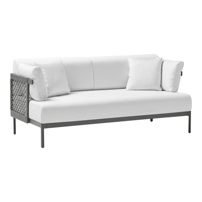 White modern sofa with solid cushions and a textured black metal frame, featuring a sleek and minimalist design.