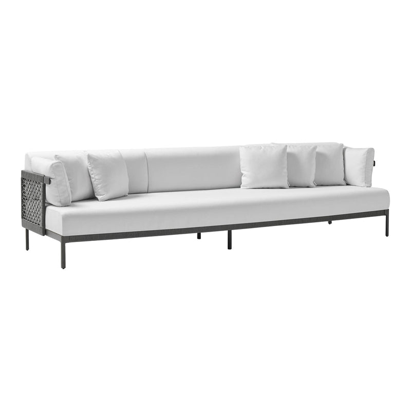 Modern outdoor sofa in sleek white upholstery with black woven accents and plush cushions. Perfect for stylish patios.