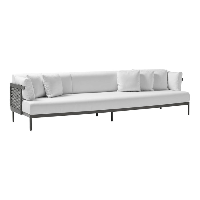 Modern outdoor sectional sofa in sleek white upholstery with subtle textured accents and a black frame.