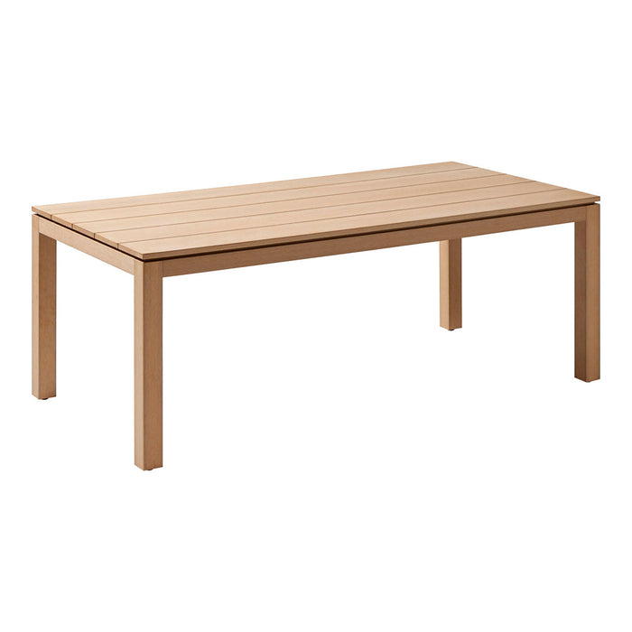 Light brown rectangular patio table with smooth slatted surface, designed for outdoor use.