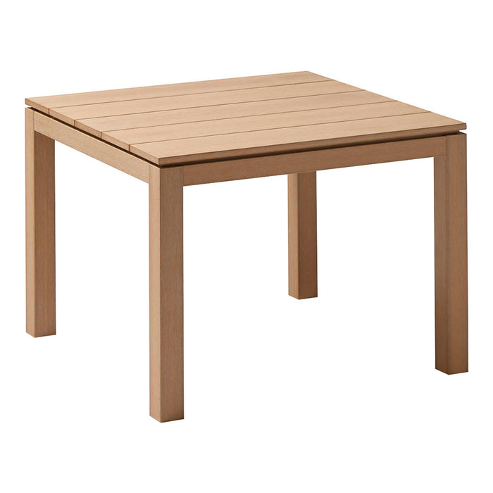 Light brown square outdoor table with slatted surface and sturdy legs, perfect for patios and gardens.