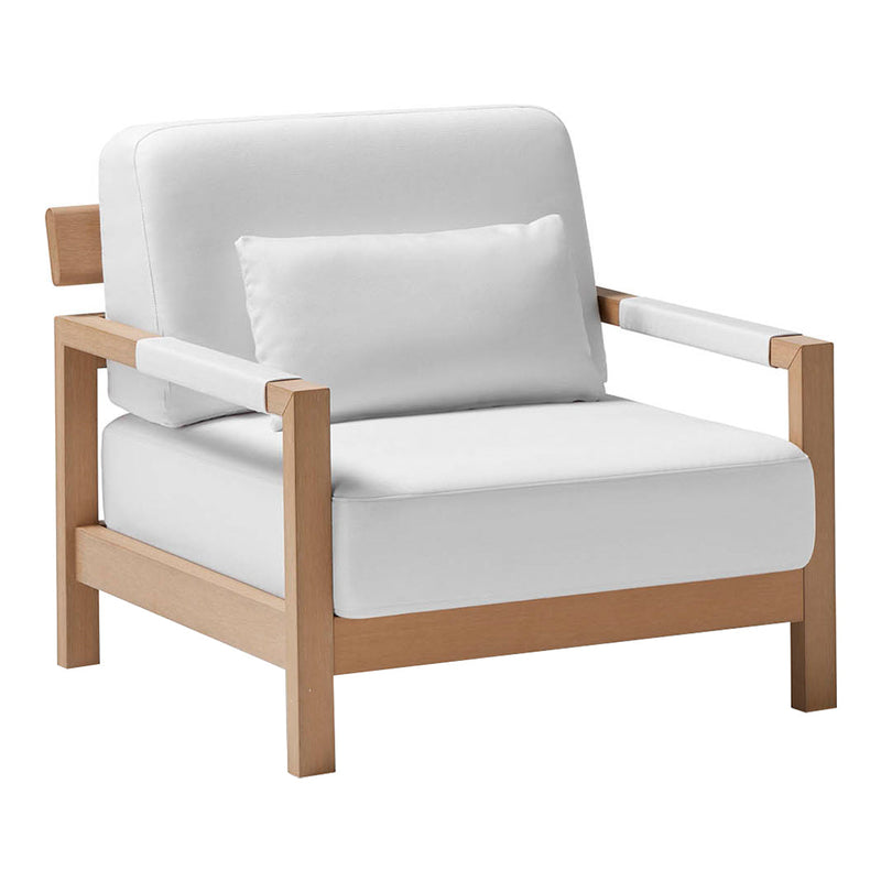 White upholstered chair with minimalistic wood frame and a plain design for modern aesthetics. Perfect for any decor style.