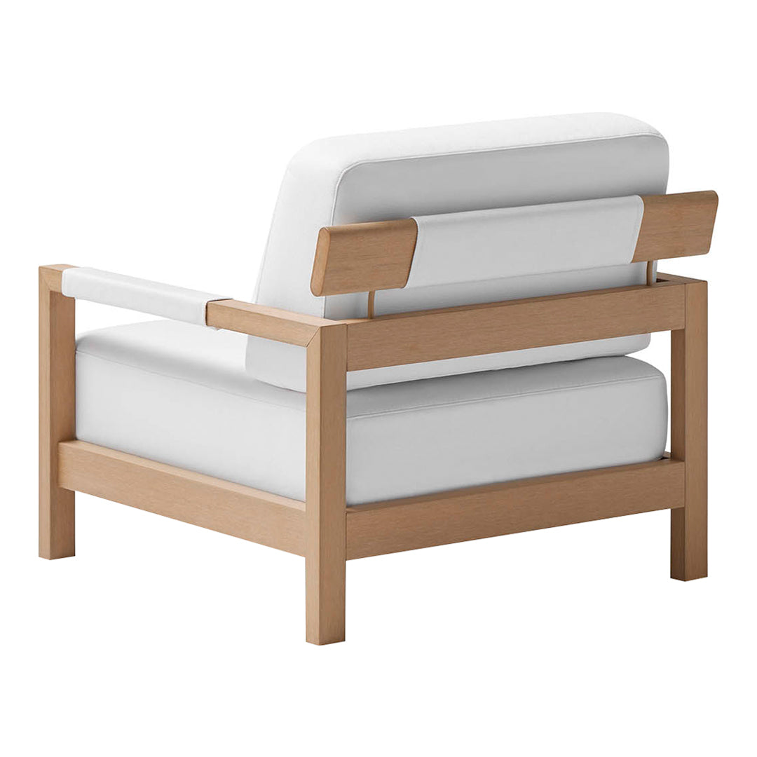 White upholstered chair with natural wood frame, featuring a minimalist design and clean lines.