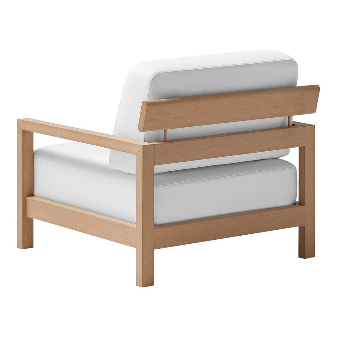 White upholstery with a natural wood frame, featuring a minimalist design and clean lines, perfect for modern decor.