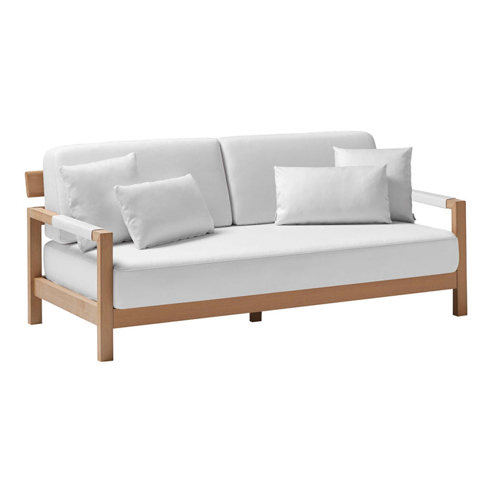 White sofa with beige wooden frame and matching cushions, featuring a minimalist, modern design.