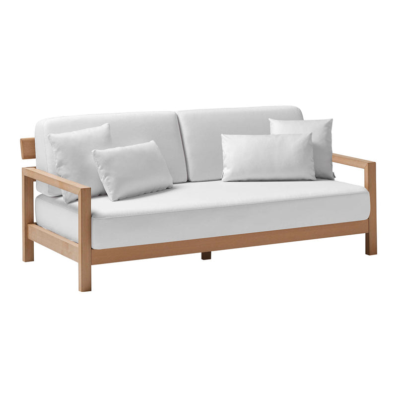 White fabric sofa with a light wood frame, featuring solid cushions and a minimalist design. Perfect for modern decor.