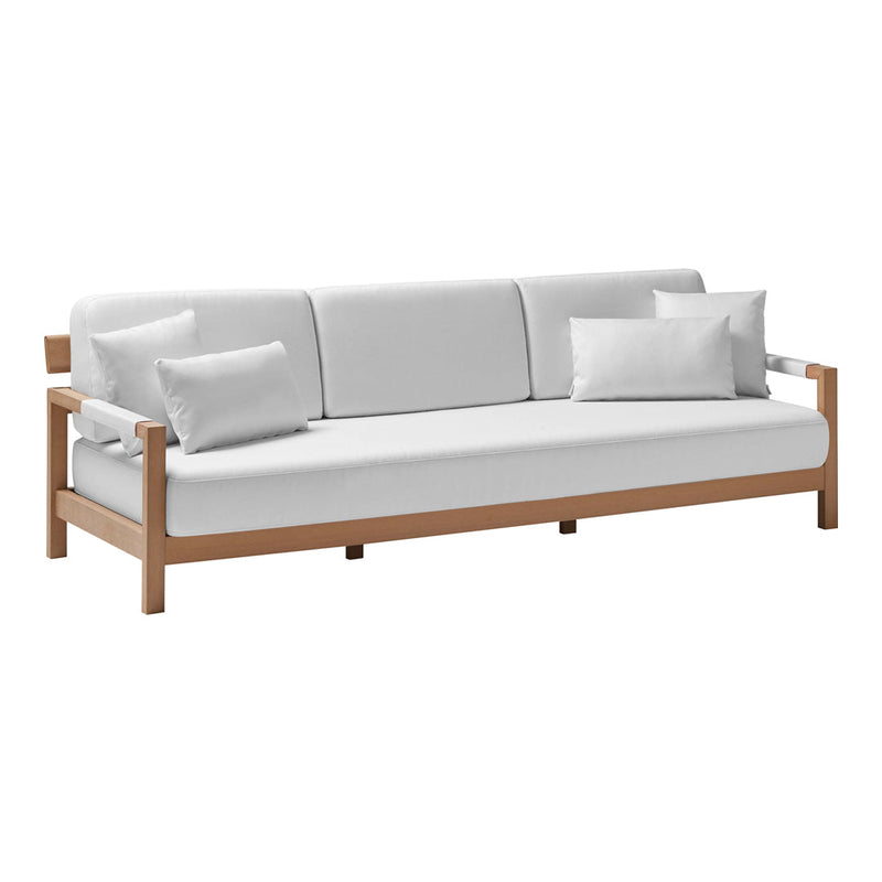White sofa with multiple cushions, featuring a natural wood frame for a clean and modern aesthetic.