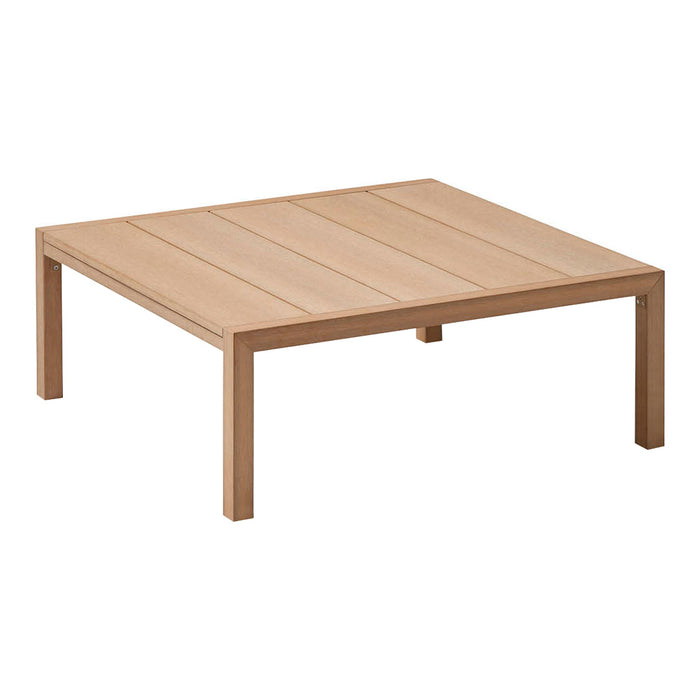 Square wooden coffee table in a light natural finish with slatted design. Ideal for modern and minimalist decor.