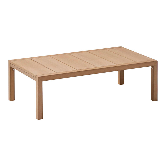 Light natural wood coffee table with smooth, slatted surface and clean, minimalist design.
