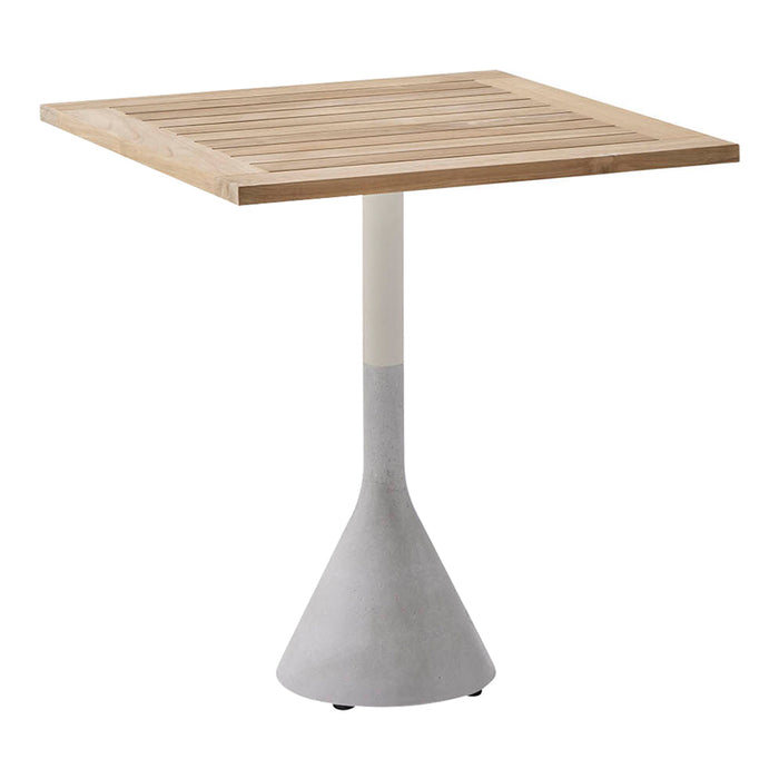 Square wooden table top with slatted design, supported by a sleek gray concrete base. Modern and minimalistic.