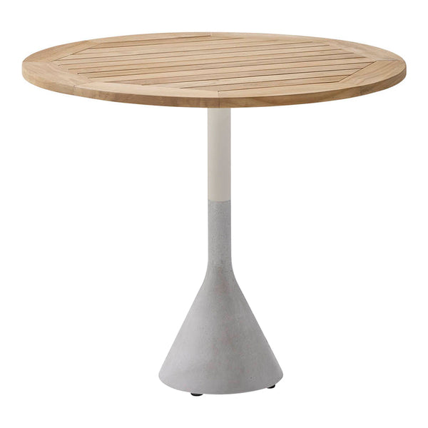 Stylish round table with a natural wood finish and a sleek gray concrete base, featuring a slatted top design.