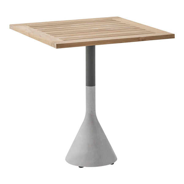 Square wooden top with slats on a gray concrete base, perfect for outdoor or modern dining settings.