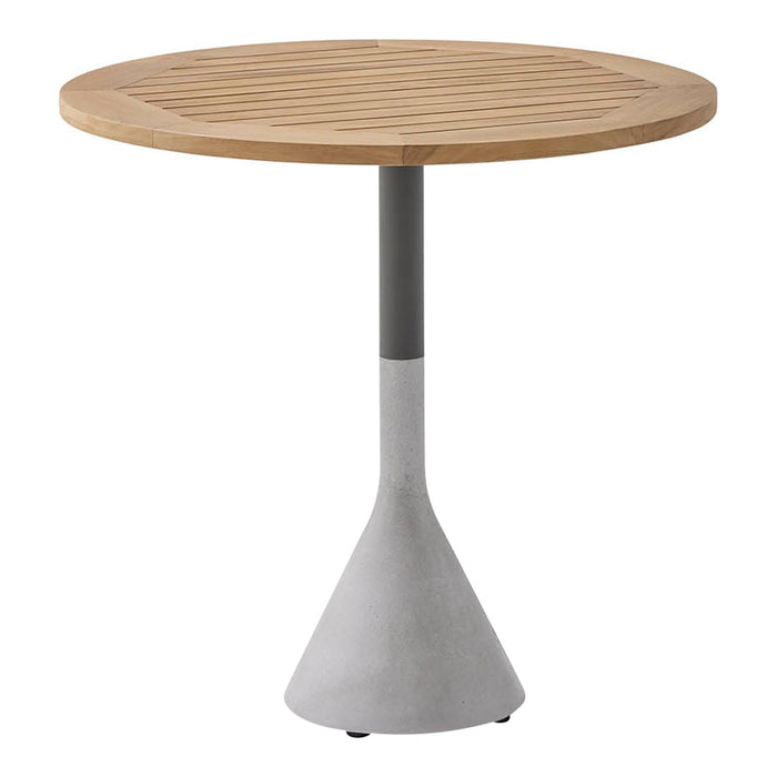 Round table with a natural wood slatted top and a sleek gray concrete base. Ideal for modern outdoor settings.
