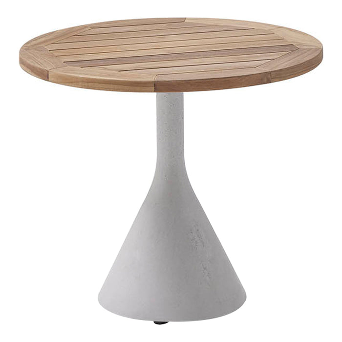 Round table with a natural wood slat top and a sleek white conical base, showcasing a modern, minimalist design.