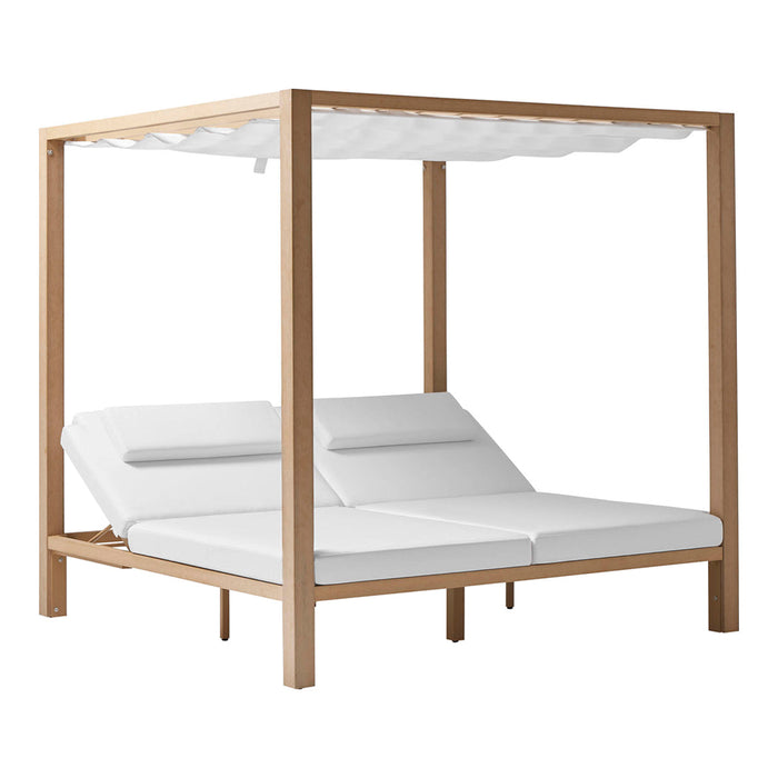 White outdoor canopy daybed with wooden frame and sleek, modern design. Perfect for stylish lounging.