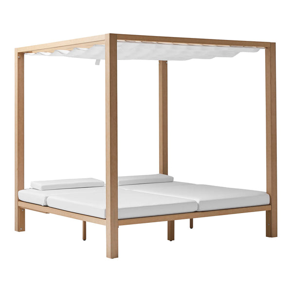 Wooden canopy bed with a natural finish and crisp white cushions, featuring a minimalist design.