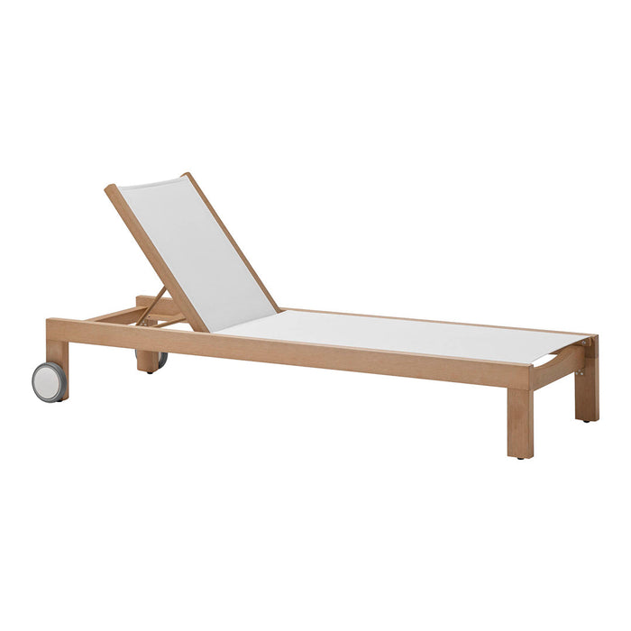 Light wood lounge chair with a minimalist white fabric seat and a sleek, modern design. Perfect for outdoor relaxation.