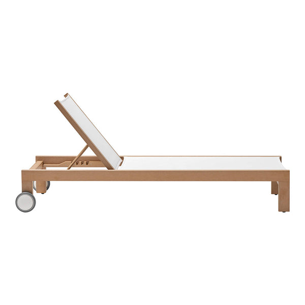 Wooden lounger in natural finish with white fabric, featuring a sleek, minimalist design and adjustable backrest.