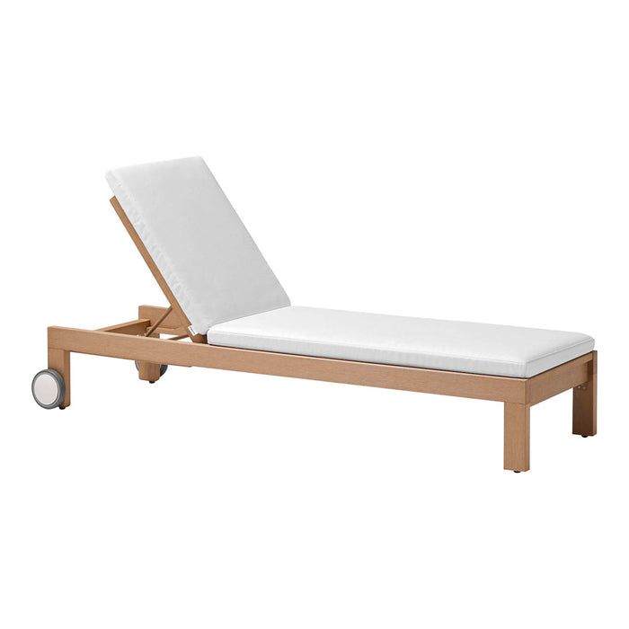 White cushioned lounge chair with a natural wood frame and sleek minimalist design. Ideal for outdoor relaxation.