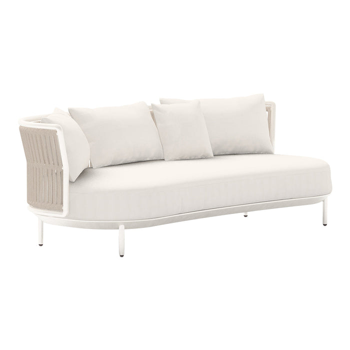 White curved sofa with sleek lines and textured fabric, featuring soft cushions for a cozy look.
