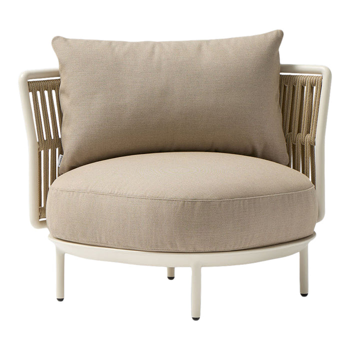 Beige circular chair with a soft, textured cushion and woven rattan backrest, featuring a minimalist design.