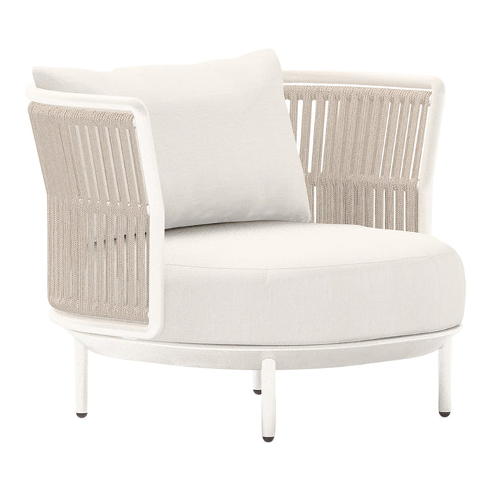 White round chair with light beige woven rattan sides and a plush white cushion, ideal for modern decor.