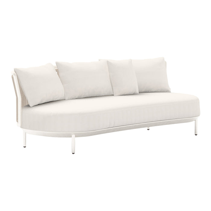 White curved sofa with soft textured cushions and sleek metal frame, offering a minimalist aesthetic.