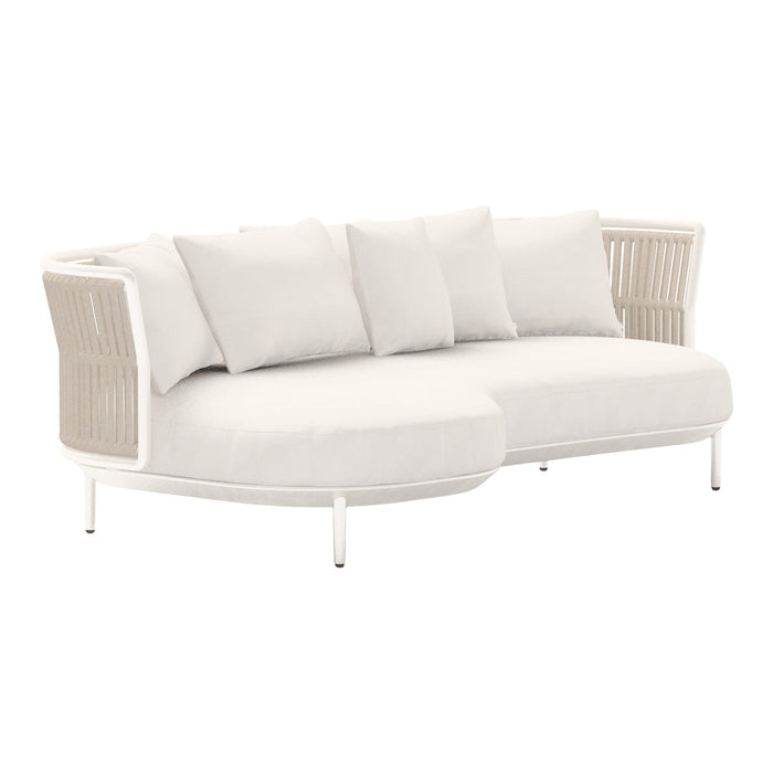 Stylish white outdoor sofa with sleek, textured back design and plush cushions for a modern, elegant look.