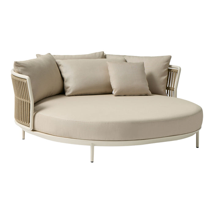 Beige round lounge sofa with soft cushions and woven side details; modern and elegant design for outdoor spaces.