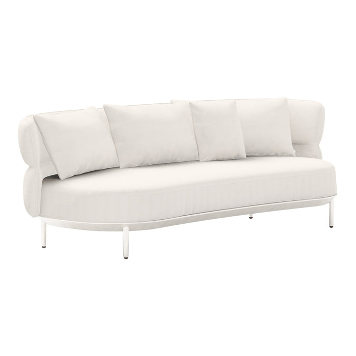 Curved white sofa with five plush cushions, featuring a smooth, textured fabric. Elegant and modern design.