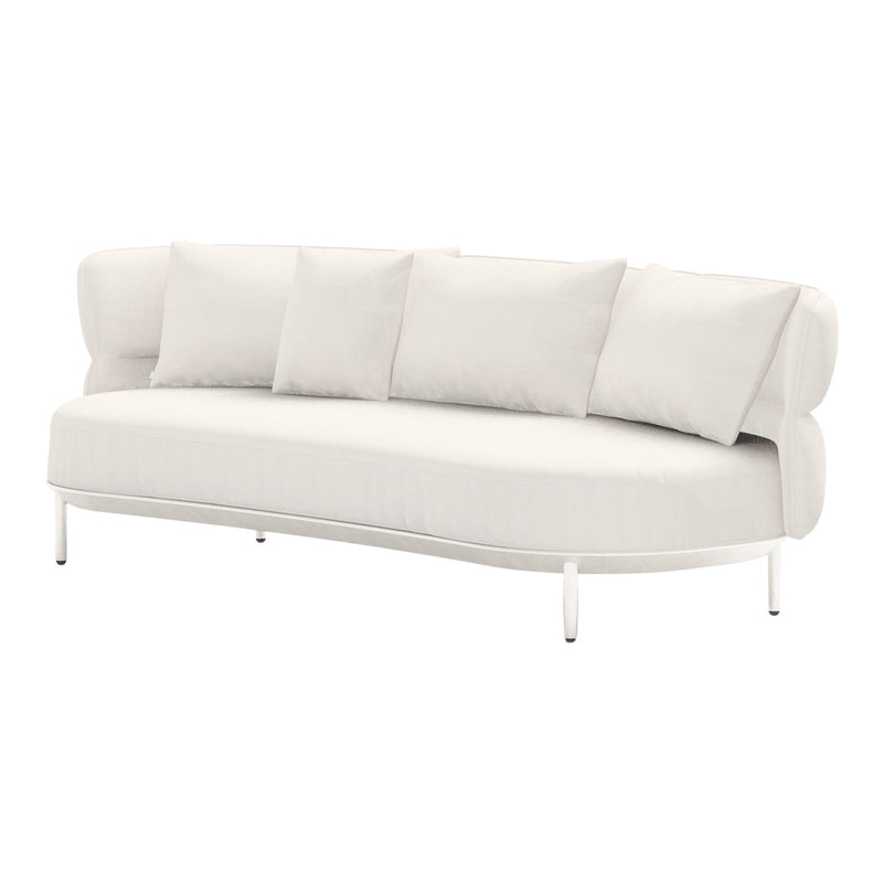 Curved white sofa with plush cushions and smooth fabric, featuring a minimalist design for modern interiors.
