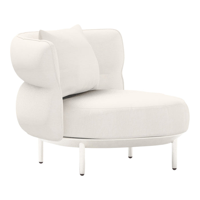 Modern white accent chair featuring a smooth, rounded design and soft fabric upholstery. Perfect for contemporary decor.