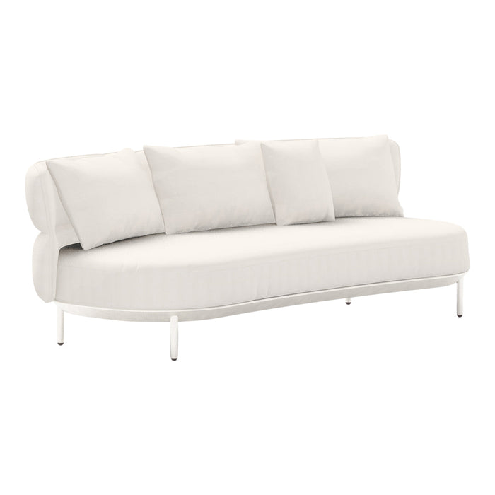 "Modern white sofa with smooth fabric and subtle texture, featuring four matching cushions."