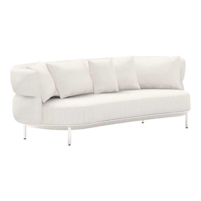Modern white curved sofa with smooth fabric and plush pillows, perfect for minimalist and contemporary decor.