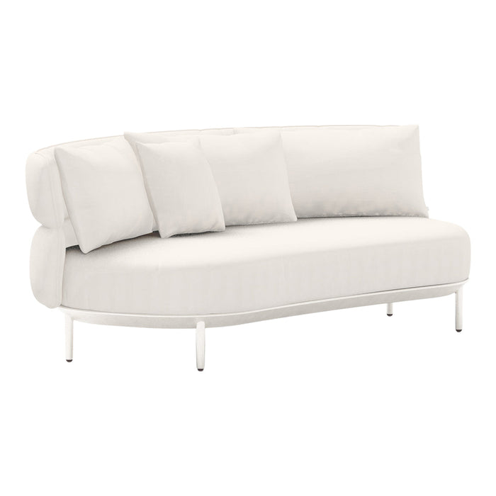 White curved sofa with plush cushions and a sleek metal frame, featuring a modern, minimalist design.