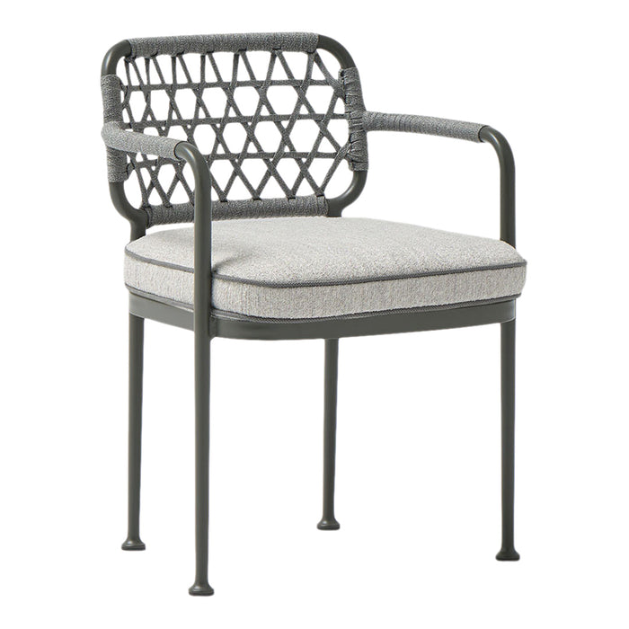 "Modern black patio chair with a geometric woven back and light gray fabric cushion."