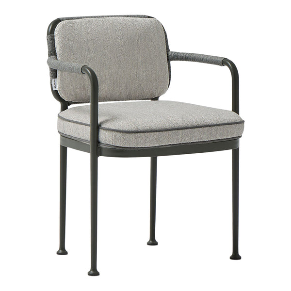 Gray upholstered chair with a sleek black metal frame and minimalist design, perfect for modern outdoor decor.