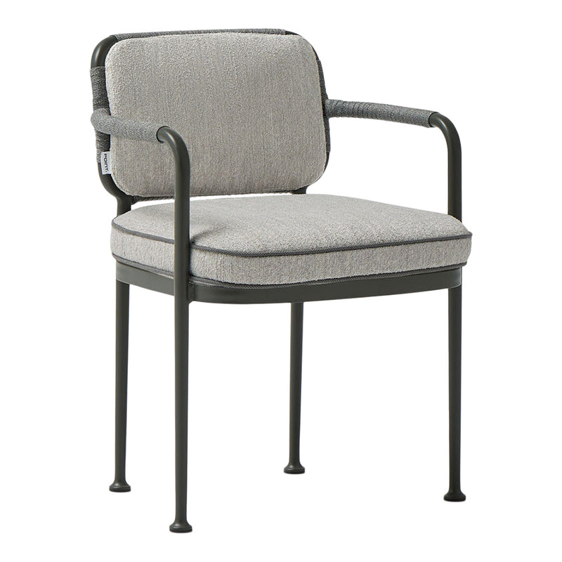 Gray upholstered chair with a sleek black metal frame and minimalist design, perfect for modern outdoor decor.