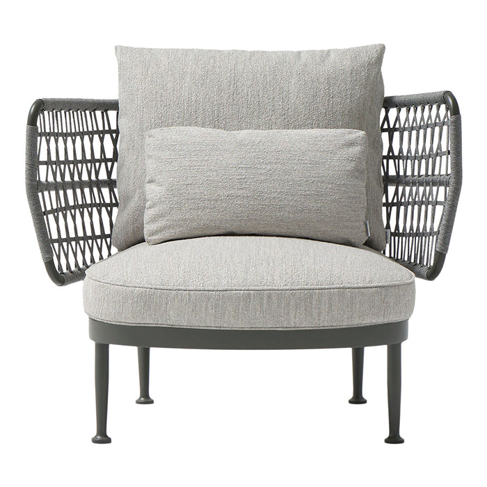 Gray upholstered chair with a woven metal back and two soft cushions, offering a modern and stylish design.