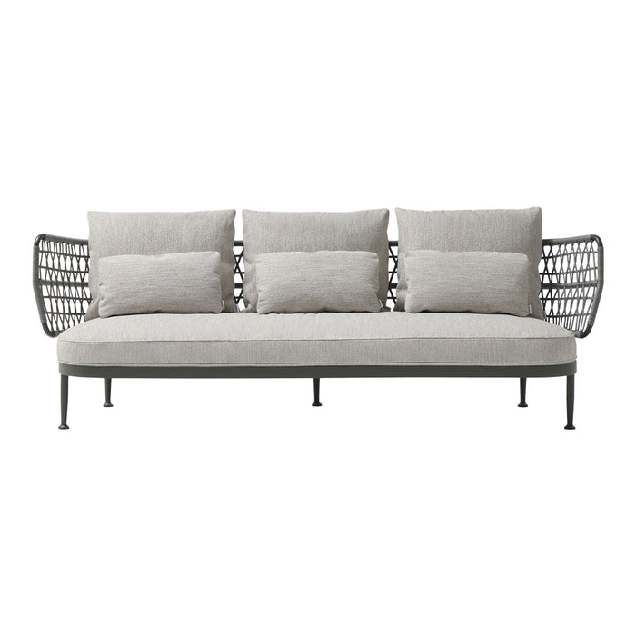 Light gray sofa with woven black metal arms and plush cushions, offering a modern, stylish pattern. Perfect for outdoor spaces.