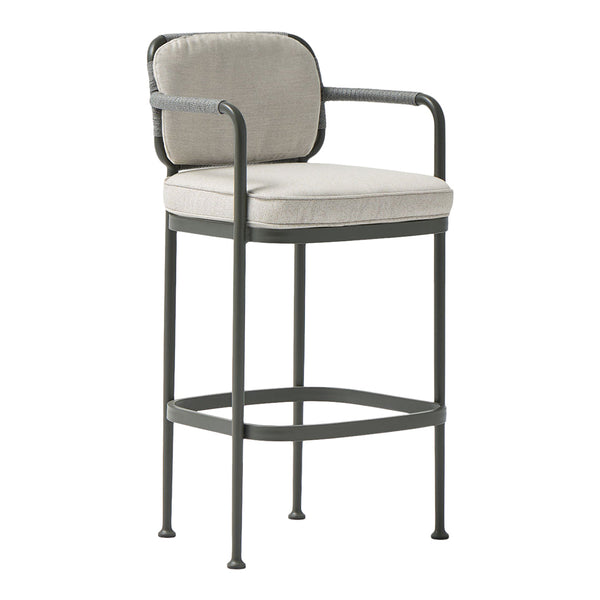 Gray upholstered bar stool with a black metal frame and sleek modern design. Ideal for contemporary spaces.