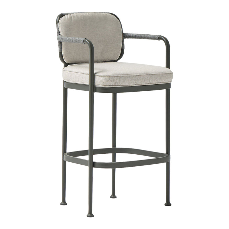 Gray upholstered bar stool with a black metal frame and sleek modern design. Ideal for contemporary spaces.