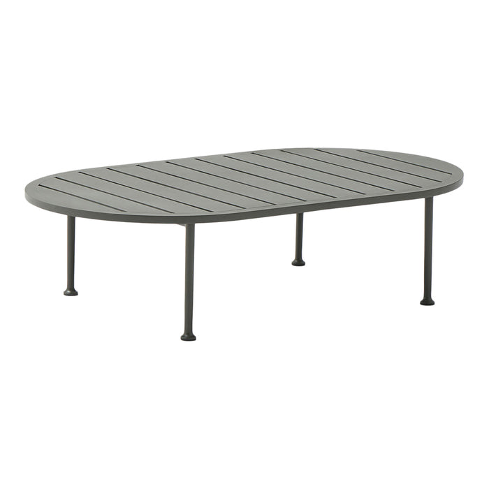 Gray oval outdoor coffee table with slatted top and sturdy legs, perfect for patio or garden decor.