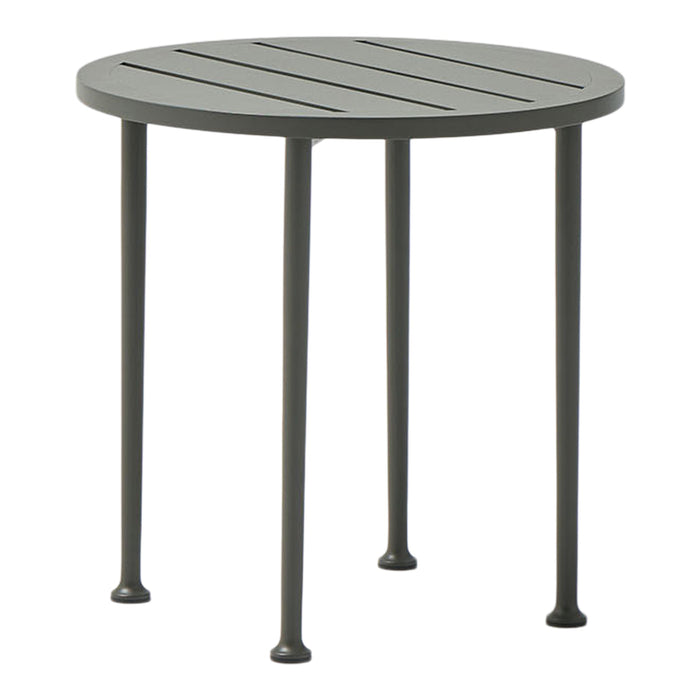 Round outdoor side table in dark gray with slatted top design and sleek black legs. Ideal for modern decor.