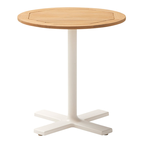 Round wooden table with a natural tan finish and a sleek white base, featuring horizontal slats for added texture.