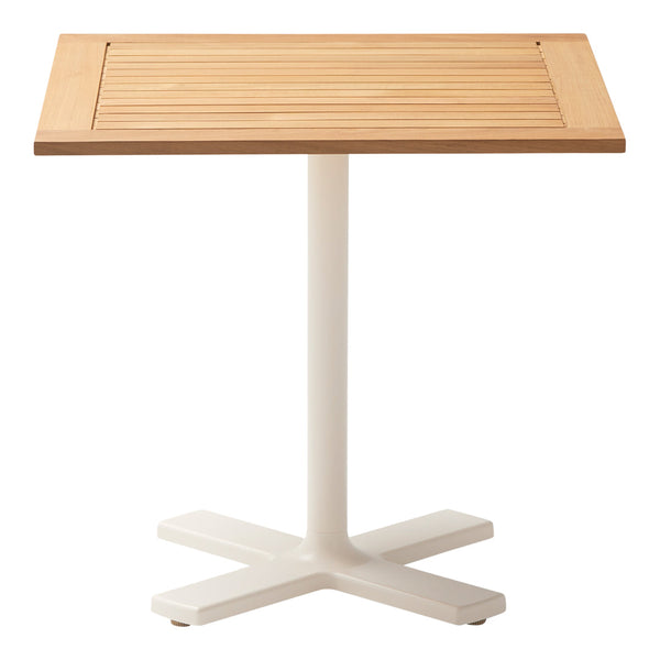 Light wood slat tabletop with a clean white pedestal base, perfect for modern outdoor decor.