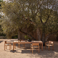 Light natural wood dining table and chairs set against earthy tones and textured greenery.